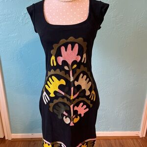 French Connection Black Midi Dress with Pink and Yellow Accents